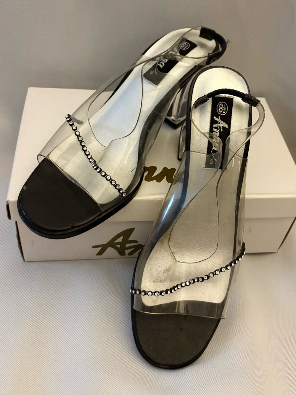 Anna Clear PVC Slingback Heels with Black Toe and Rhinestone Strap